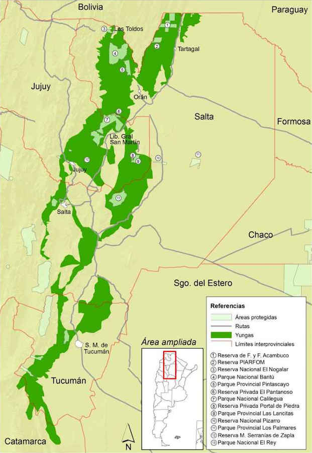 Imagen con el mapa de las yungas del norte argentino.