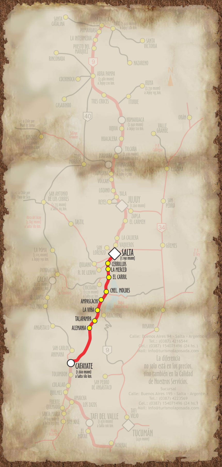 Imagen, con el mapa personalizado, del recorrido a la localidad de Cafayate, provincia de Salta.