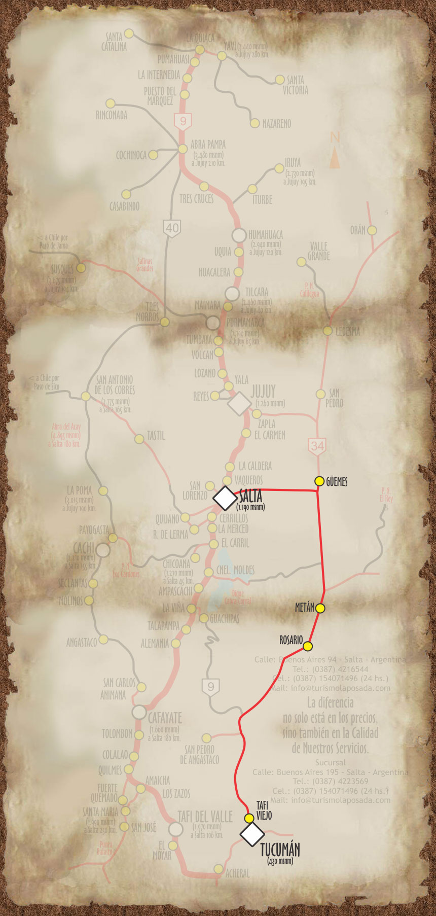Imagen, con el mapa personalizado, del recorrido a la provincia de Tucumán.